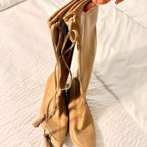 Women's Beige Lace-Up Knee-High Boots